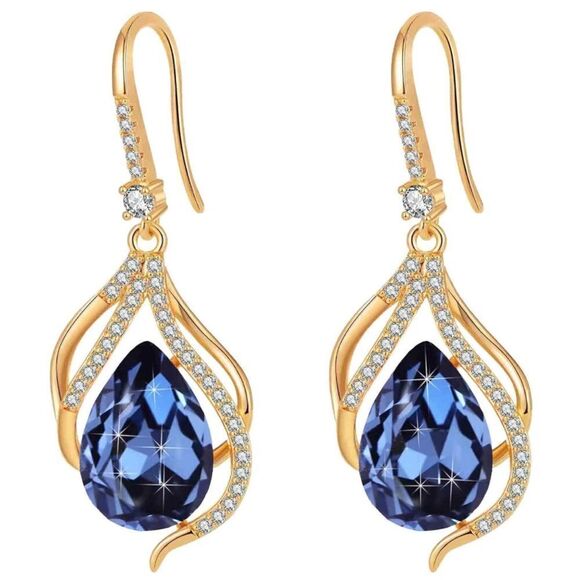 14K Yellow Gold and London Blue Topaz Austrian Crystal Twisted Teardrop Earrings - Picture 1 of 6